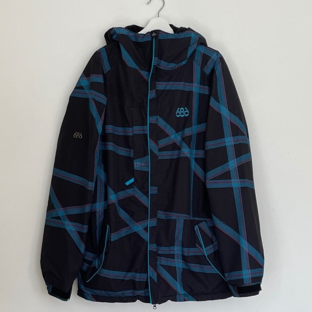 686 Mannual Snowboard Jacket Mens XL Black Teal Pink Grid infiDRY 8K Waterproof
